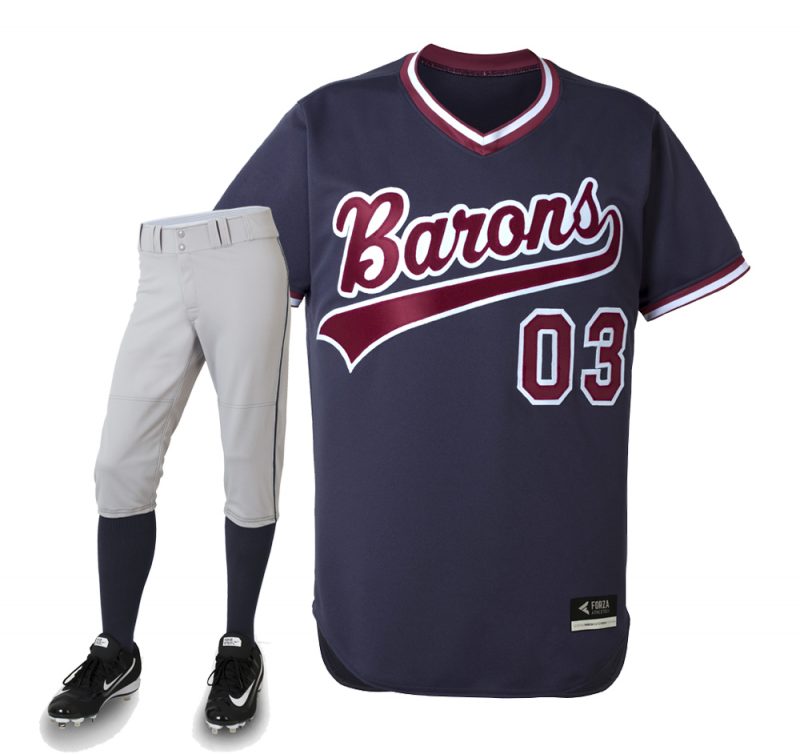 Maroon and navy blue baseball uniforms